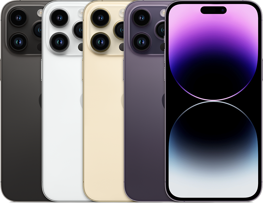 iPhone 14 Pro Max backs side by side in all official colors (silver gold space black deep purple) followed by the front