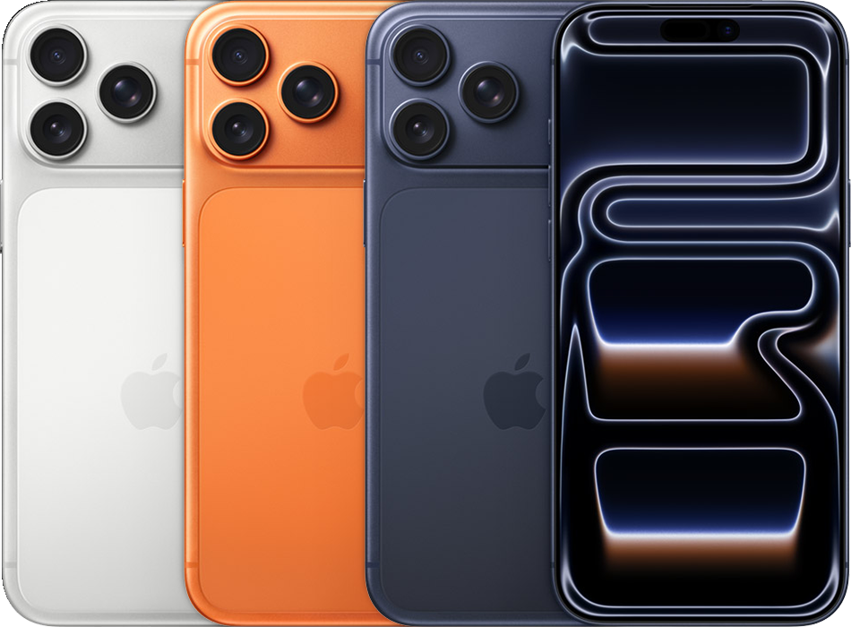iPhone 17 Pro Max backs side by side in all official colors (silver cosmic orange deep blue) followed by the front